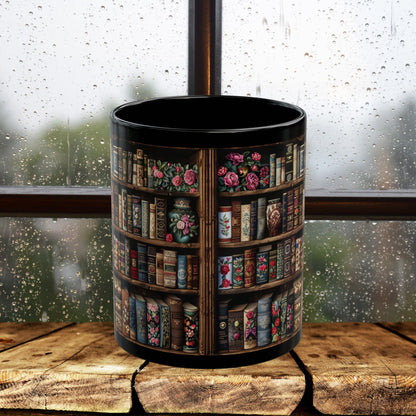 Victorian Bookshelf Mug, Vintage Bookshelf black Mug, Dark Academia Gift Idea, Book Lover Cup 11oz,15oz Botanical Books