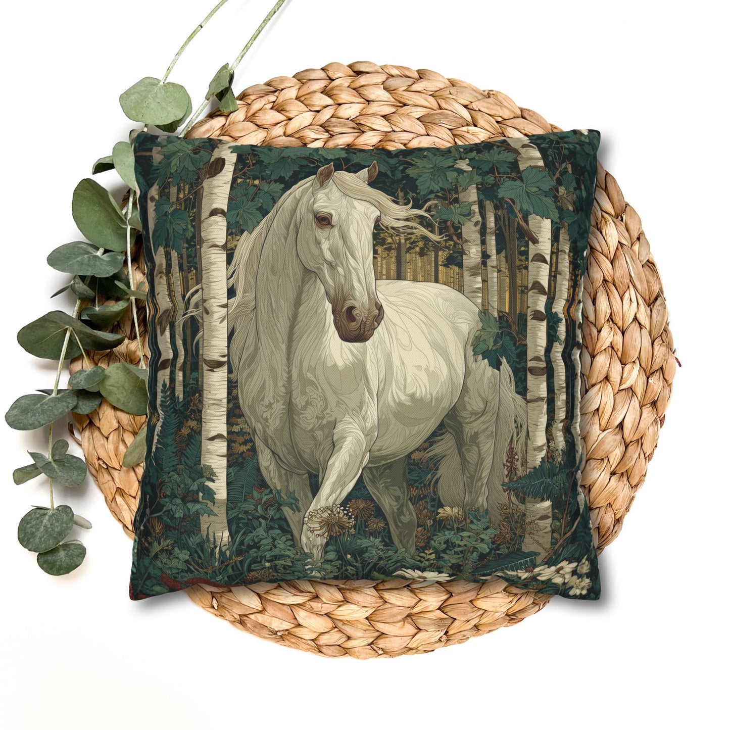 White Horse Forest Pillowcase, Decorative Square Throw Pillow Cover
