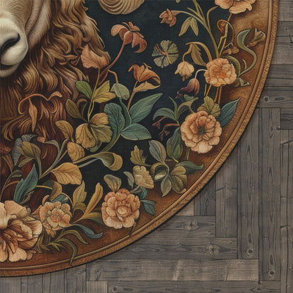 Botanical Ram Round Area Rug | William Morris Inspired Cottagecore Decor, Aries Zodiac Round Carpet
