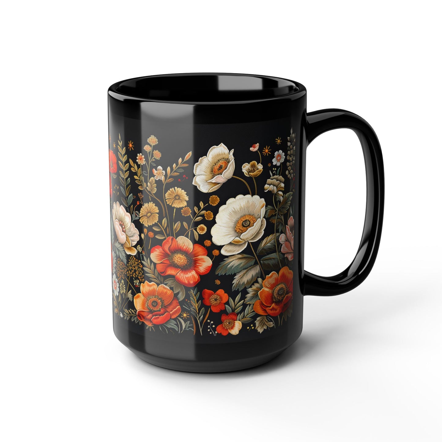 Wildflowers Pattern Embroidery Mug Black Mug 11oz, 15 oz