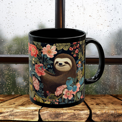 Floral Sloth Black Mug - Cute Coffee/Tea Cup (11oz & 15oz)