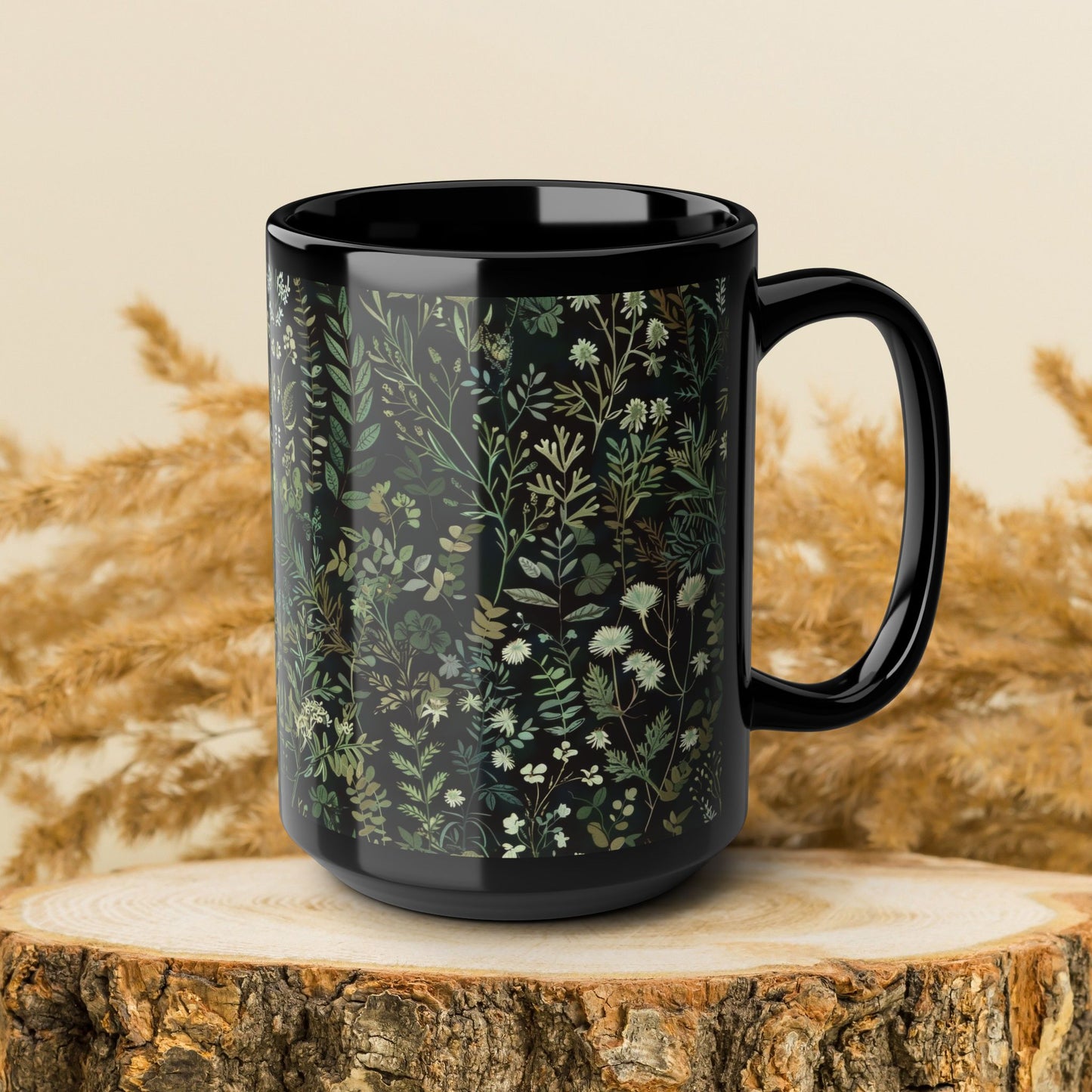 William Morris Inspired Green Botanical Black Coffee Mug 11oz, 15 oz