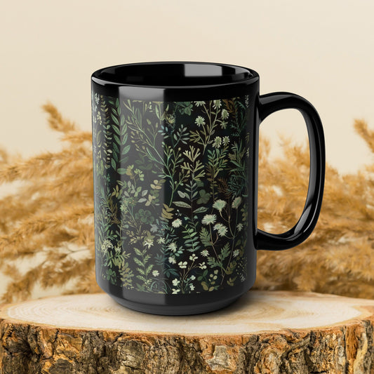 William Morris Inspired Green Botanical Black Coffee Mug 11oz, 15 oz