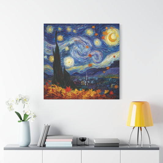 Autumn Starry Night Canvas Wall Art, Van Gogh Inspired Sky with Falling Leaves, Matte Stretched Canvas 1.25"