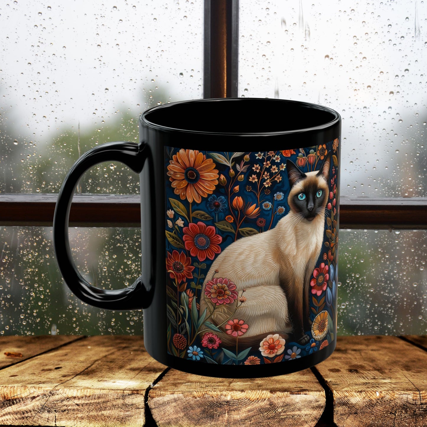 Siamese Cat Coffee Mug: William Morris Floral Design, Black Ceramic (11oz, 15oz)