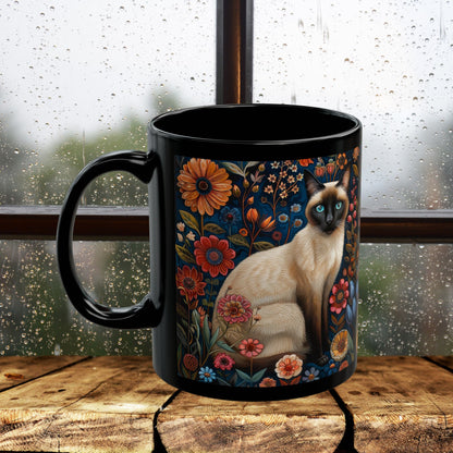 Siamese Cat Coffee Mug: William Morris Floral Design, Black Ceramic (11oz, 15oz)