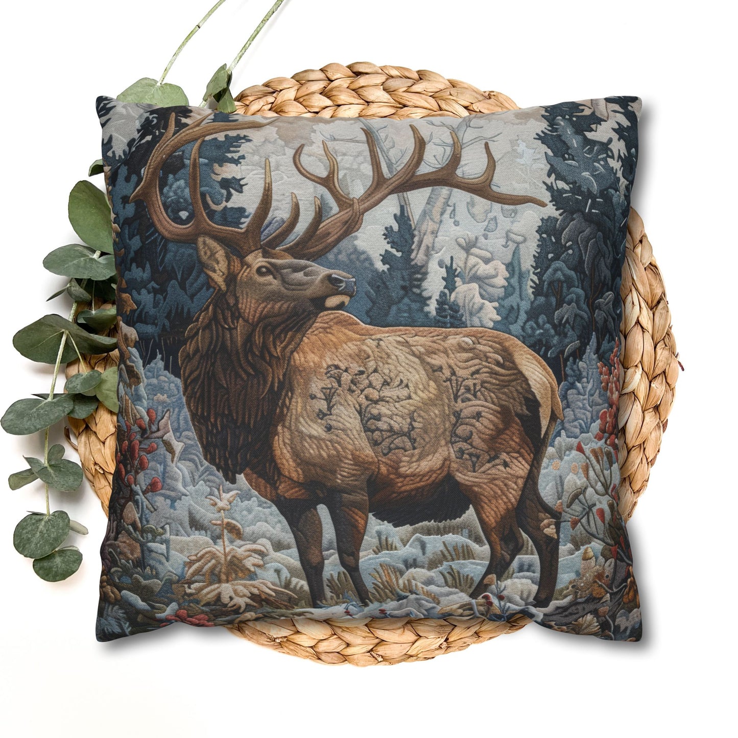 Art Nouveau Elk Frosted Pines Winter Blooms Pillowcase William Morris Inspired