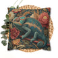 Teal Chameleon Floral Pillowcase, William Morris Style Lizard Cushion with Vintage Botanical Design