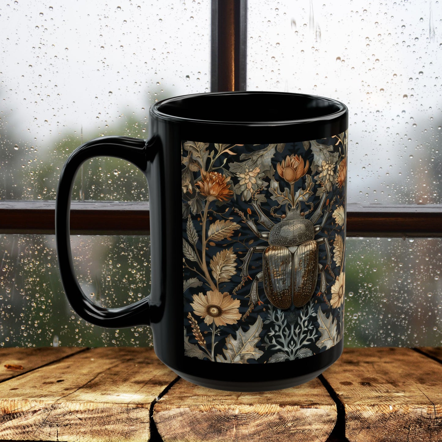 William Morris Inspired Beetle Botanicals Black Coffee Mug (11oz, 15 oz) Insect Lover Gift, Nature Garden Decor