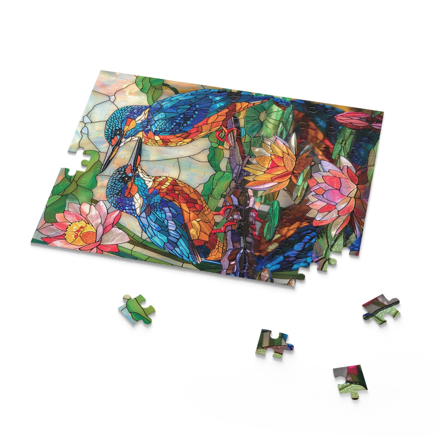 Faux Stained Glass Kingfishers Water Lily Puzzle Box (120, 252, 500-Piece) Family Jigsaw Puzzle, Puzzle Box Gift