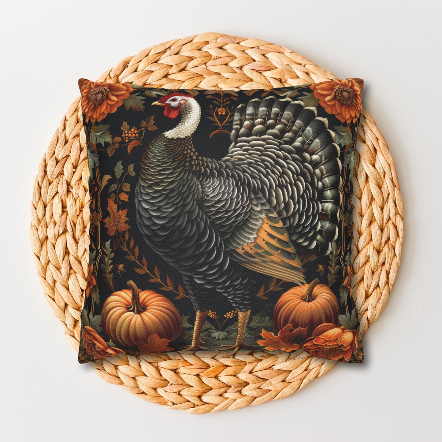 Thanksgiving Turkey Pillowcase, Autumn Harvest Cushion with Pumpkins & Flowers, Rustic Fall Farmhouse Decor