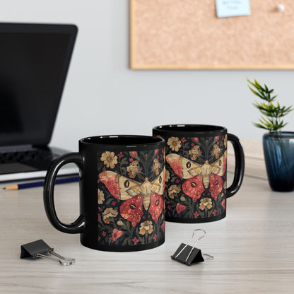 William Morris Inspired Botanical Rosy Maple Moth Black Mug 11oz, 15 oz