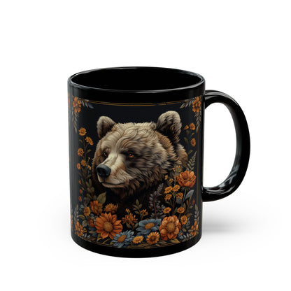 William Morris Inspired Floral Mama Bear Black Coffee Mug 11oz, 15 oz