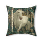 White Horse Birch Forest Decorative Pillow — Rustic Woodland Accent Cushion
