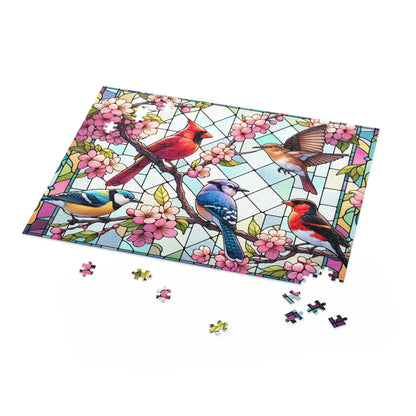 Stained Glass of 5 Spring Birds Jigsaw Puzzle (120, 252, 500-Piece) Adult Jigsaw Puzzle, Gift Him Her