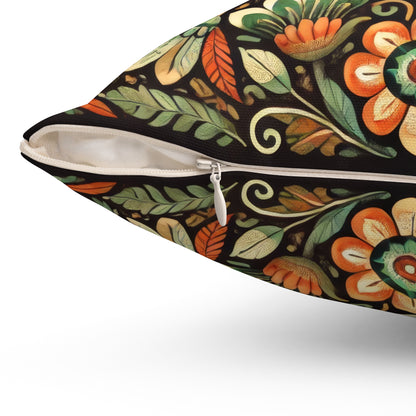 Folk Art of Two Birds and Flowers Pattern Decorative Pillow