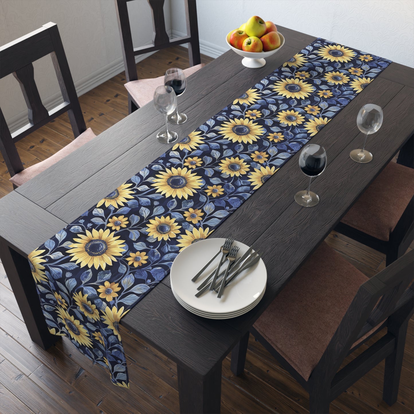 Woodblock Sunflower Pattern Table Runner (Cotton, Poly)