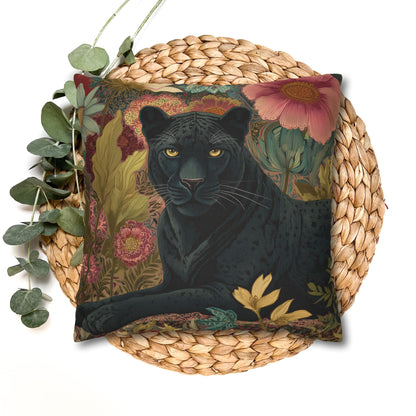 Black Panther Pillowcase, Elegant Botanical Animal Cushion, William Morris Inspired Floral Jungle