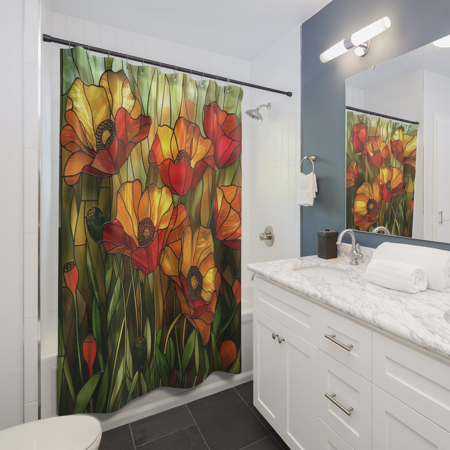 Faux Stained Glass Of Poppies Polyester Shower Curtain