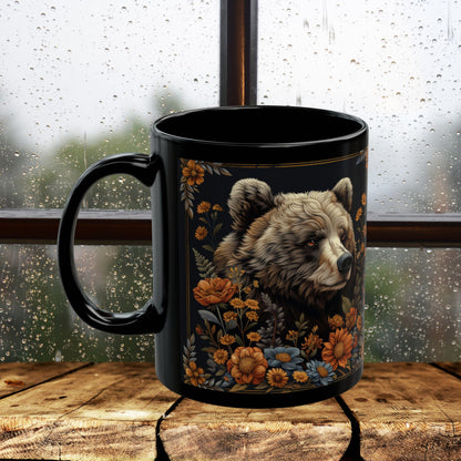 William Morris Inspired Floral Mama Bear Black Coffee Mug 11oz, 15 oz