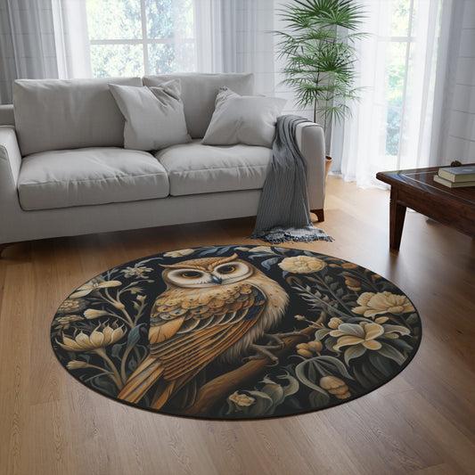 Round Rug - Forest Barn Owl Area Rug | William Morris Inspired Cottagecore Decor