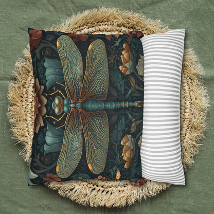 William Morris Inspired Dragonfly Pillowcase, Teal Botanical Art Nouveau Dragonfly Floral Decorative Pillow Cover