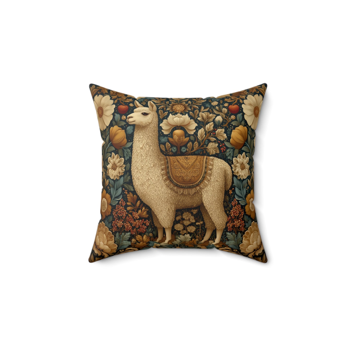 Golden Alpaca Floral Pillow, William Morris Style Botanical Animal Cushion Home Décor