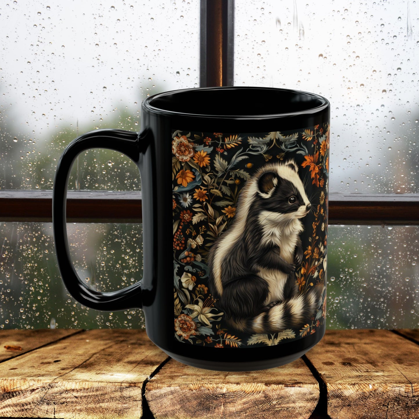 William Morris Inspired Botanical Skunk Black Coffee Mug Gift 11 oz, 15 oz