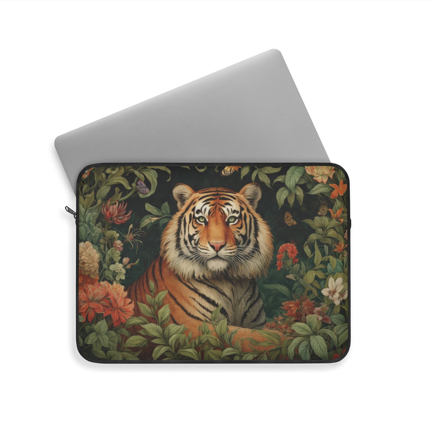 William Morris Inspired Botanical Tiger Laptop Sleeve, Animal Protective Case, Customizable Cover, Gift for Nature Lovers, Floral Tech Bag