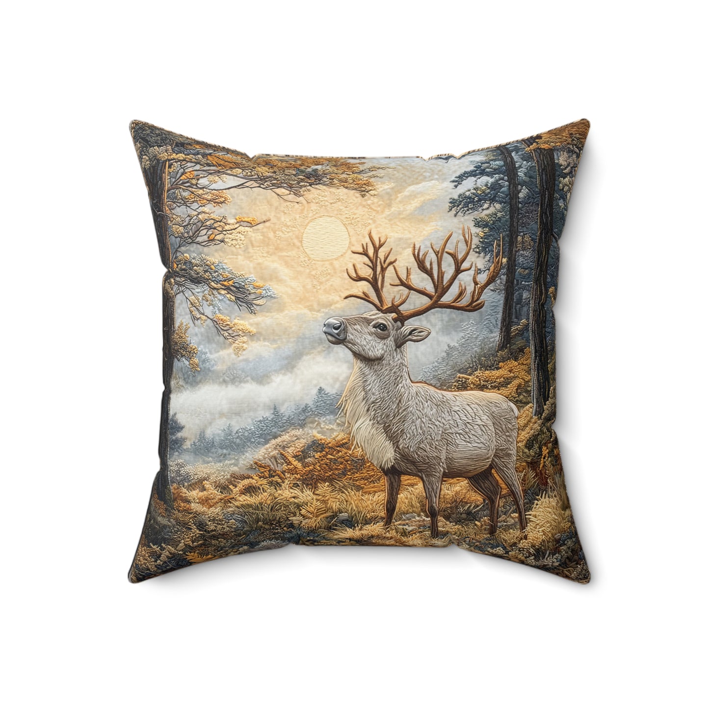 Mountain Reindeer Decorative Fall Square Pillow, Spun Polyester Home Decor, William Morris Inspired