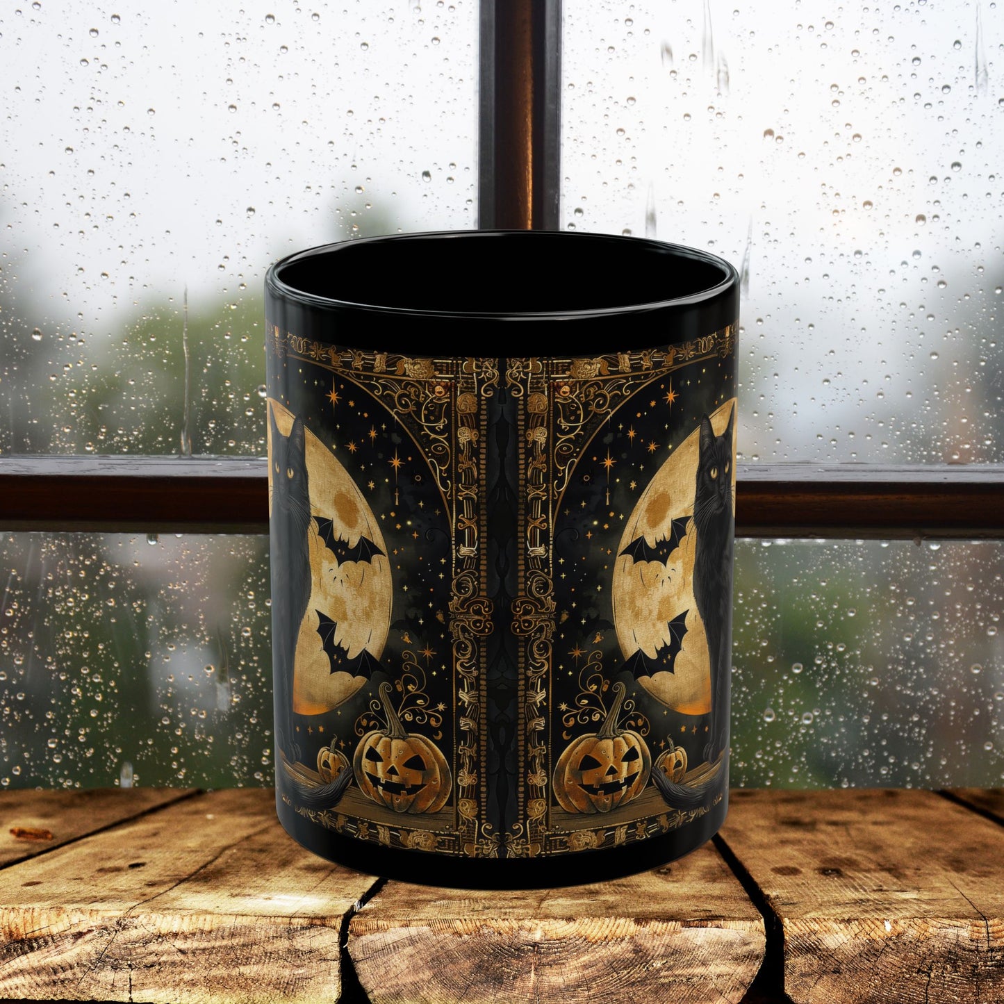 Art Deco Full Moon Black Cat Mug, William Morris Inspired, Black Coffee Cup 11oz, 15oz, Cat Lover Gift, Halloween Mug, Gothic Kitchen Decor,