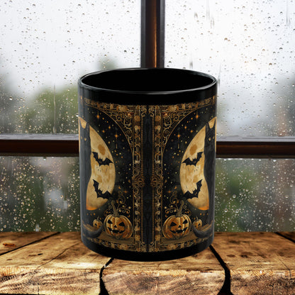 Art Deco Full Moon Black Cat Mug, William Morris Inspired, Black Coffee Cup 11oz, 15oz, Cat Lover Gift, Halloween Mug, Gothic Kitchen Decor,