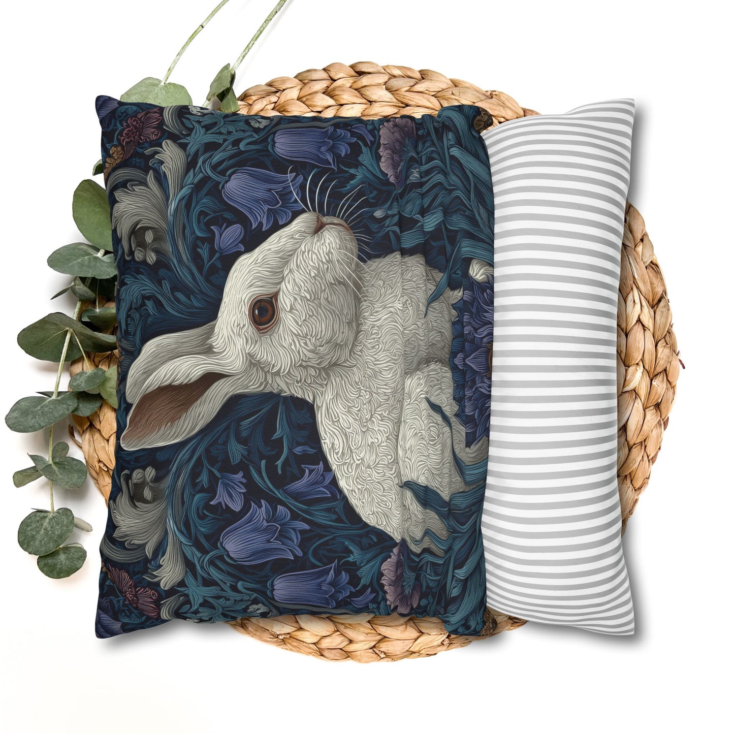 White Rabbit Floral Pillowcase, William Morris Style Botanical Bunny Cushion for Cozy Home Décor