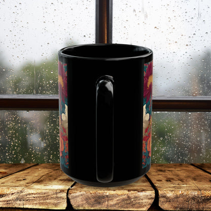 Floral Leopard Mug, Black Ceramic Jungle Coffee Cup 11oz & 15oz – Tropical Wild Cat Art Gift for Animal Lovers & Home Decor