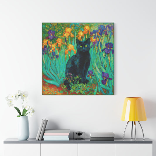Black Cat Among Irises, Vibrant Floral Canvas Wall Art, Matte Stretched Canvas 1.25"