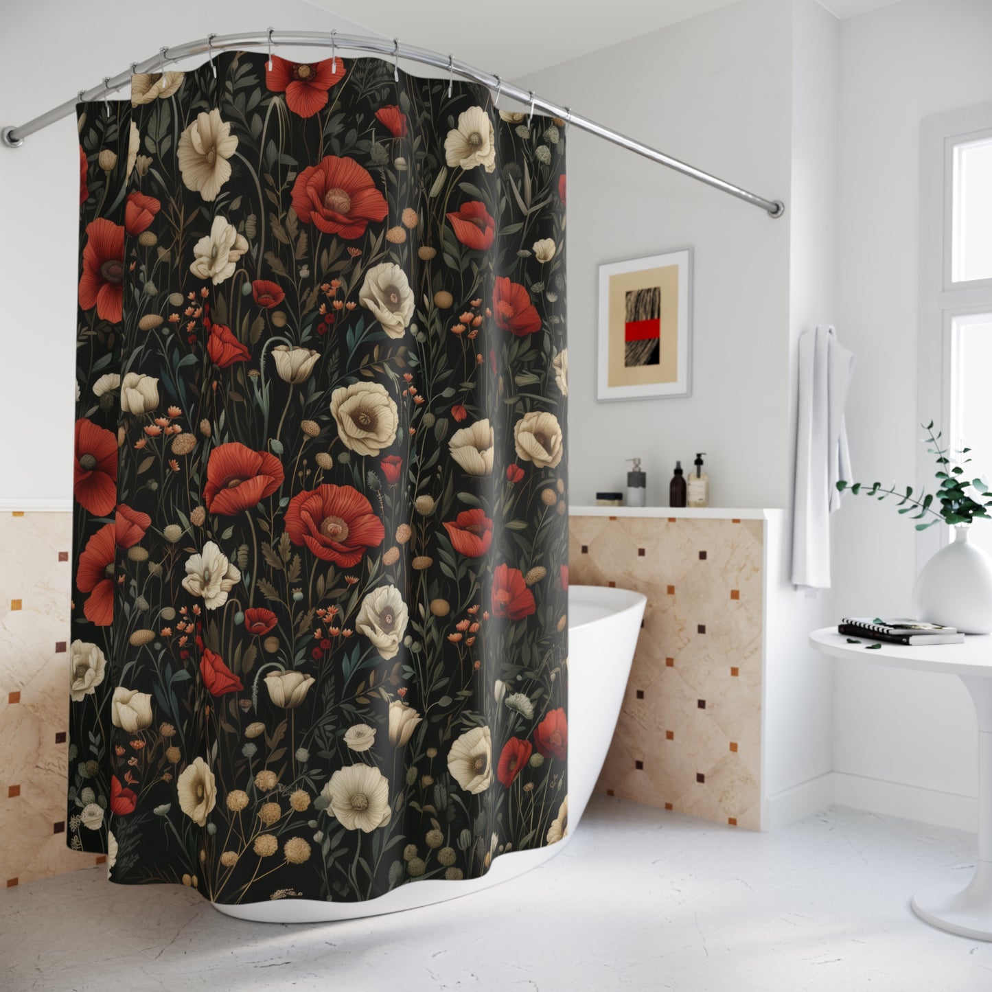 William Morris Inspired Botanical Floral and Red Poppies Polyester Shower Curtain