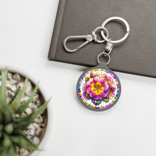 February Primrose Keyring Tag Birth Month Flower, Primrose Faux Watercolor Stained Glass,