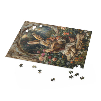 William Morris inspired Rococo Bunny With Vintage Book Jigsaw Puzzle Box (120, 252, 500-Piece) Family Jigsaw Puzzle, Puzzle Box Gift