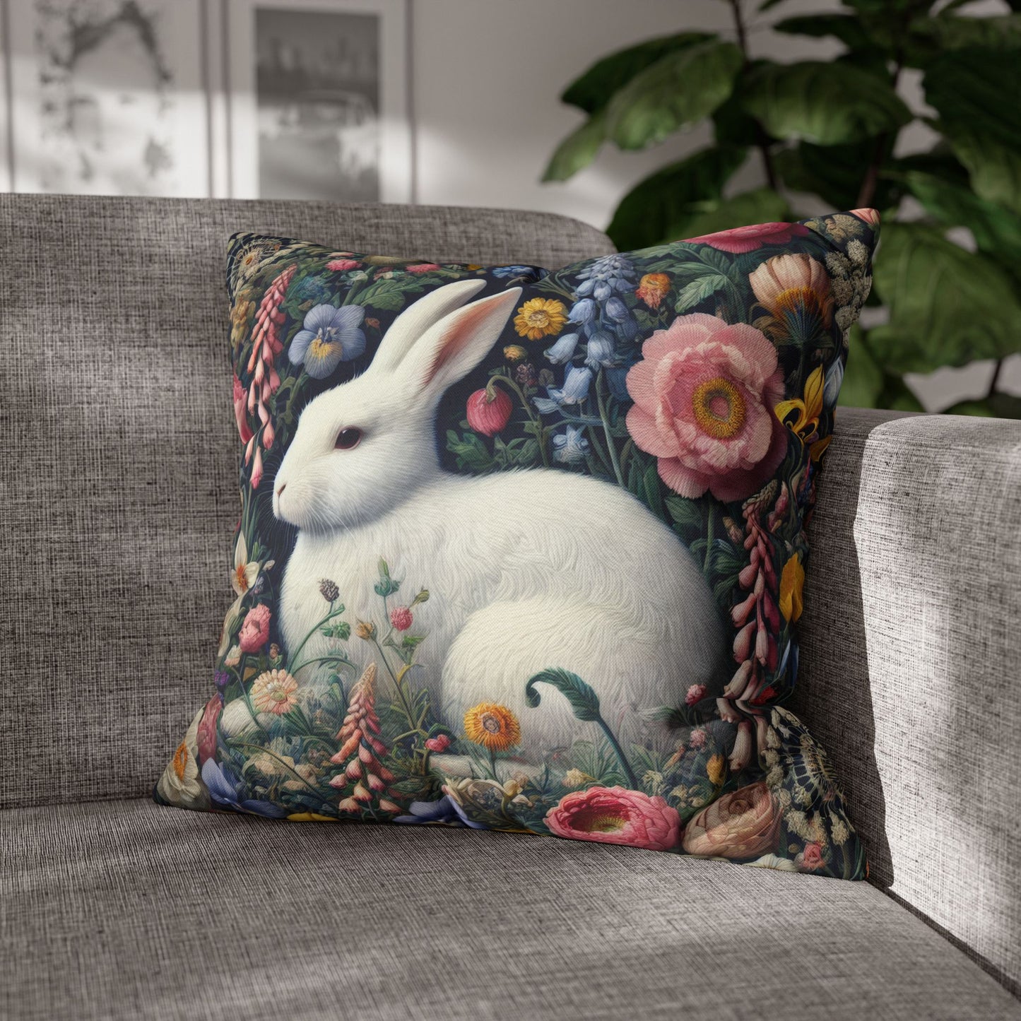 Floral Bunny Pillowcase, Cozy Home Decor, Cute Easter Gift, Soft Throw Pillow Cover, Spring Decoration