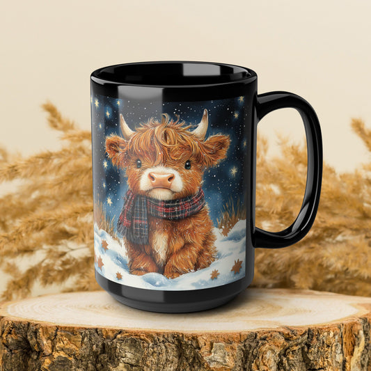 Highland Cow Winter Night Black Mug, Cute Baby Cow Coffee Cup (11oz, 15oz) Animal Lover Gift, Farmhouse Kitchen Decor, Christmas Gift,