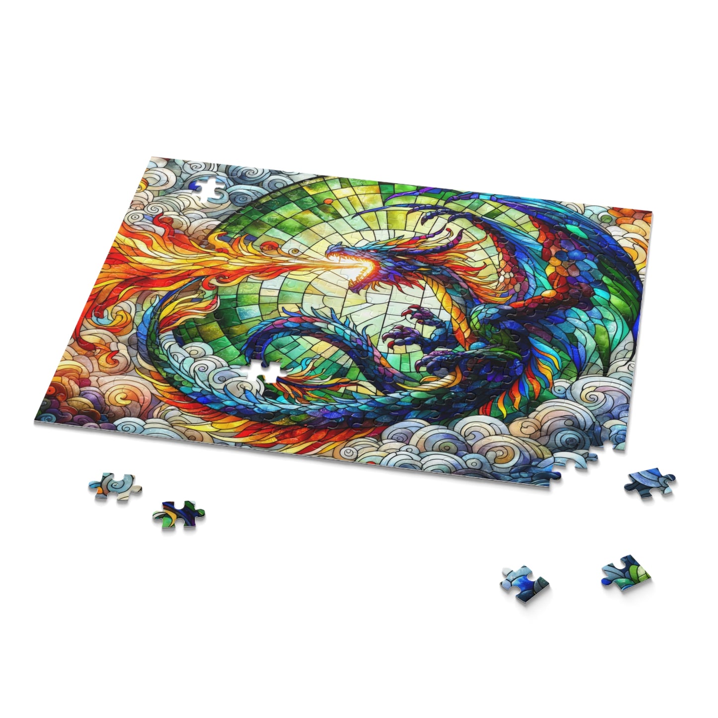 Colorful Dragon Stained Glass Jigsaw Puzzle Box (120, 252, 500-Piece) Adult Jigsaw Puzzle, Gift Him Her