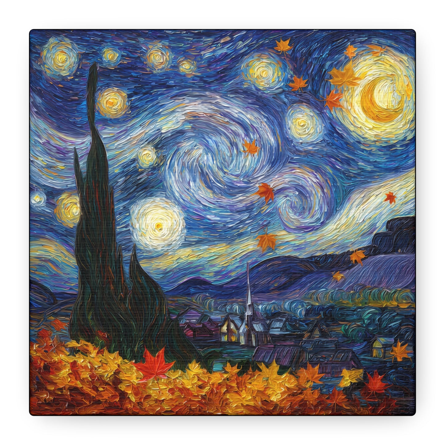 Autumn Starry Night Canvas Wall Art, Van Gogh Inspired Sky with Falling Leaves, Matte Stretched Canvas 1.25"