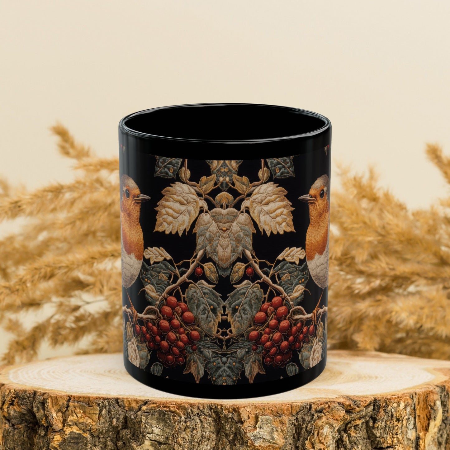 Winter Robin Black Coffee Mug, Red Berries Bird Art Cup, Woodland Nature Lover Gift, Christmas Tea Mug, Cozy Wildlife Ceramic (11oz/15oz)