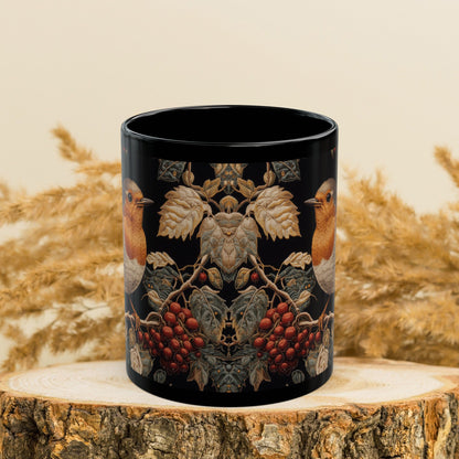 Winter Robin Black Coffee Mug, Red Berries Bird Art Cup, Woodland Nature Lover Gift, Christmas Tea Mug, Cozy Wildlife Ceramic (11oz/15oz)