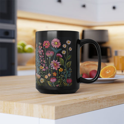 Embroidery Beautiful Wildflowers Black Coffee Mug, Wildflowers Kitchenware Black Mug 11oz, 15oz ,