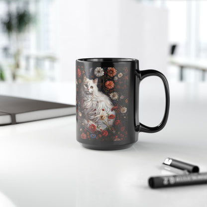 William Morris Inspired White Persian Cat Florals Garden Black Coffee Mug, Cat Lover Gift