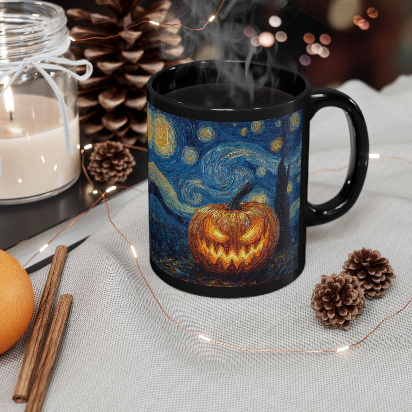 Halloween Pumpkin Art Mug, Black Mug for Halloween Decor, Starry Night Inspired, Spooky Coffee Cup, Gift for Pumpkin Lovers