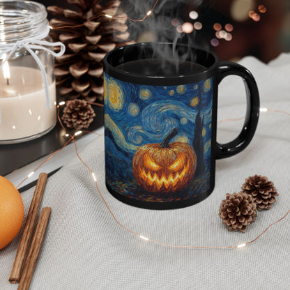 Halloween Pumpkin Art Mug, Black Mug for Halloween Decor, Starry Night Inspired, Spooky Coffee Cup, Gift for Pumpkin Lovers