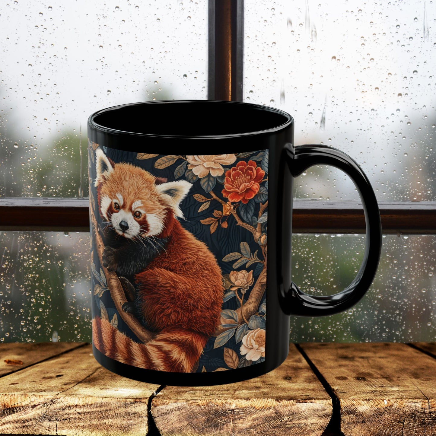 Red Panda Black Mug: William Morris Inspired Forest Design (11oz, 15oz)