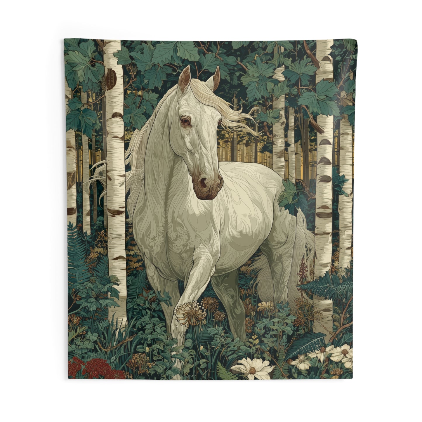White Horse Forest Tapestry Birch Woodland Botanical Wall Hanging